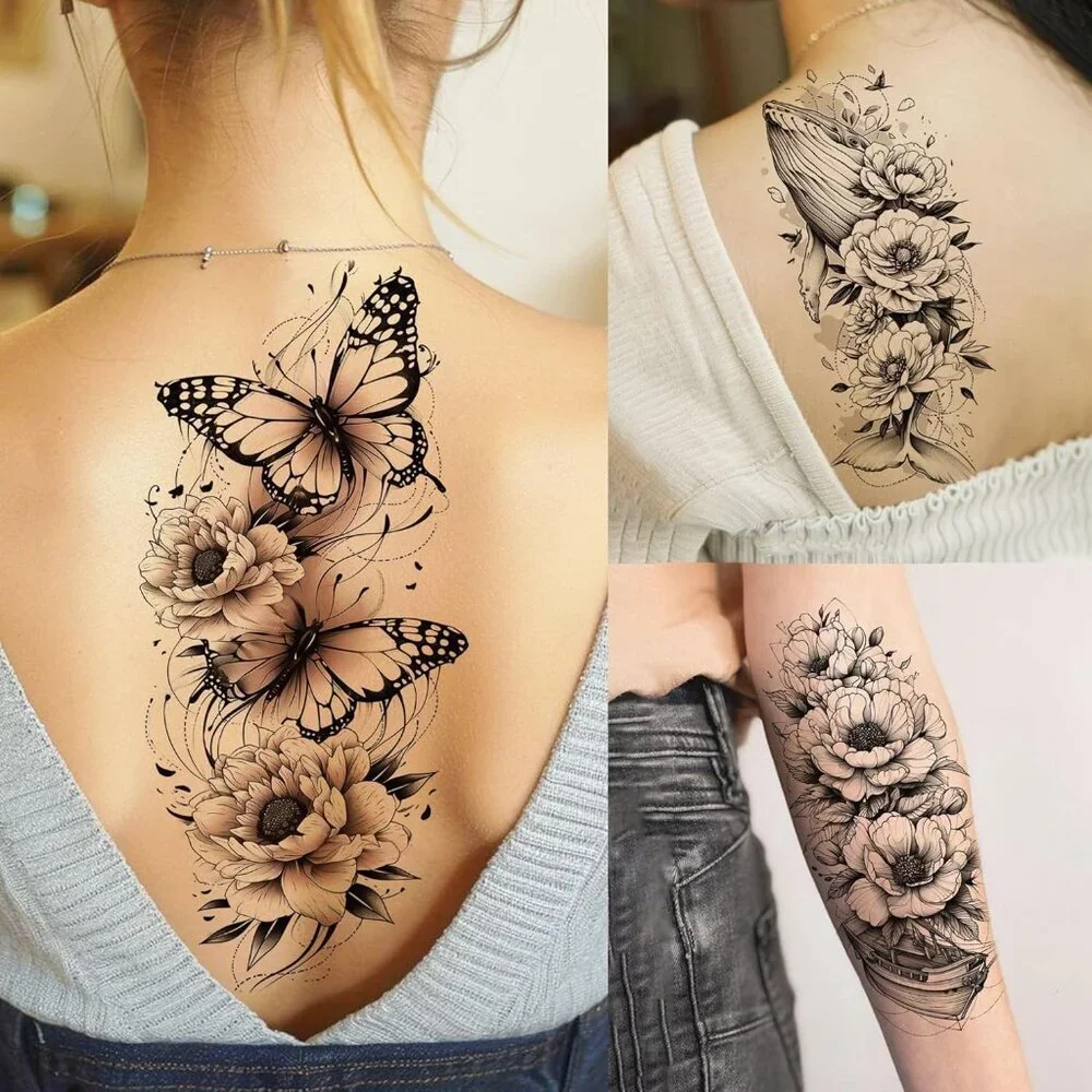 71 Sheets Rose Peony Flower Temporary Tattoos For Women Adults, Black Florals Ha